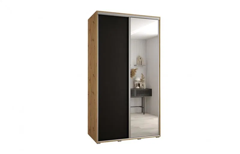 Šatní skříň s posuvnými dveřmi a zrcadlem DAVOS 140cm | DUB Artisan / černá / stříbrné