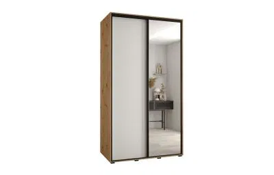 Šatní skříň s posuvnými dveřmi a zrcadlem DAVOS 140cm | DUB Artisan / bílá / černé pojezdy