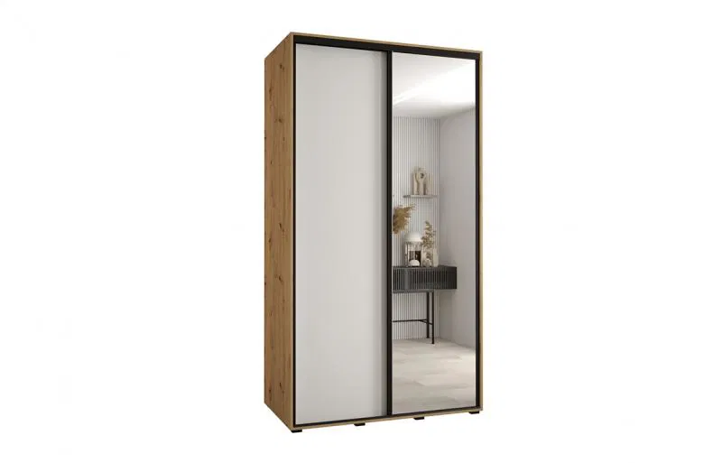 Šatní skříň s posuvnými dveřmi a zrcadlem DAVOS 140cm | DUB Artisan / bílá / černé pojezdy