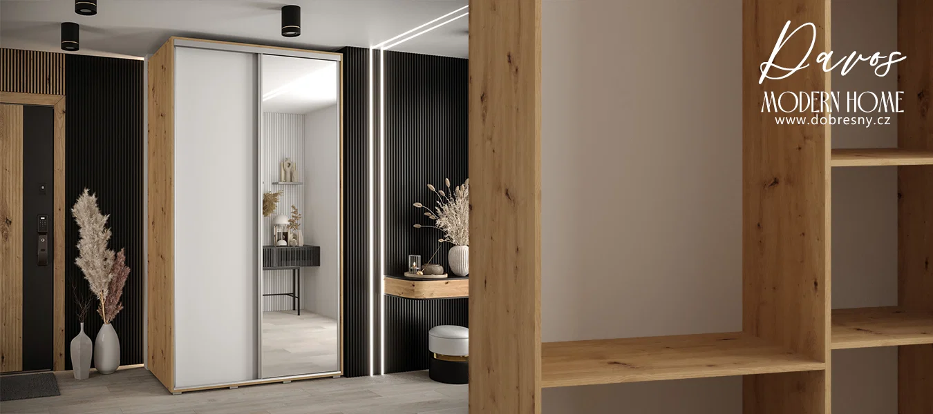 Šatní skříň s posuvnými dveřmi a zrcadlem DAVOS 140cm | DUB Artisan / bílá / stříbrné