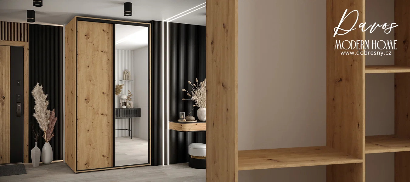 Šatní skříň s posuvnými dveřmi a zrcadlem DAVOS 140cm | DUB Artisan / černé pojezdy