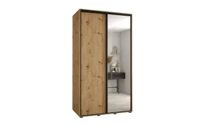 Šatní skříň s posuvnými dveřmi a zrcadlem DAVOS 140cm | DUB Artisan / černé pojezdy
