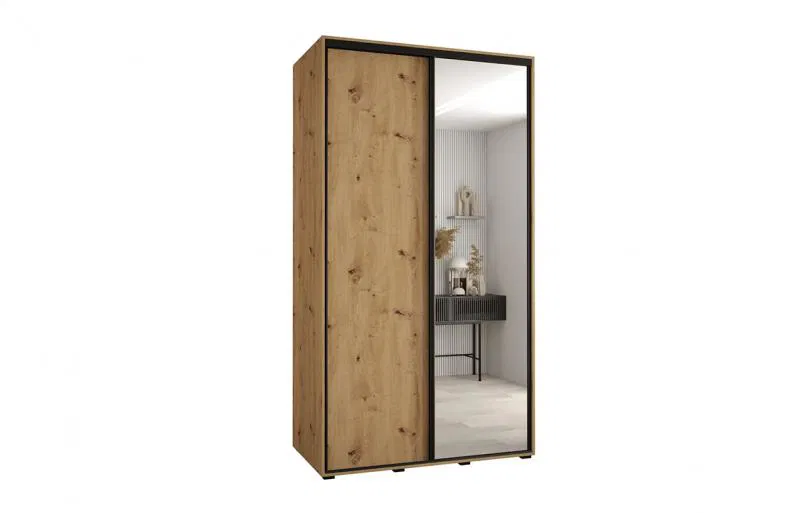 Šatní skříň s posuvnými dveřmi a zrcadlem DAVOS 140cm | DUB Artisan / černé pojezdy