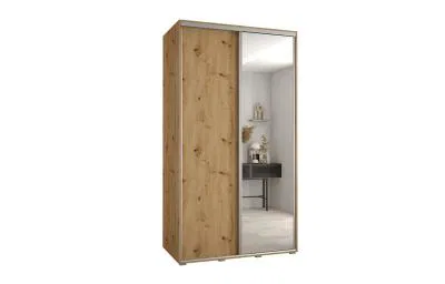 Šatní skříň s posuvnými dveřmi a zrcadlem DAVOS 140cm | DUB Artisan / stříbrné pojezdy