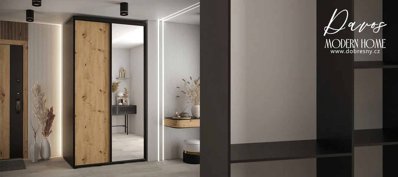 Šatní skříň s posuvnými dveřmi a zrcadlem DAVOS 140cm | Černá / DUB Artisan / černé