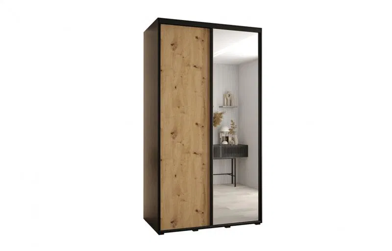 Šatní skříň s posuvnými dveřmi a zrcadlem DAVOS 140cm | Černá / DUB Artisan / černé