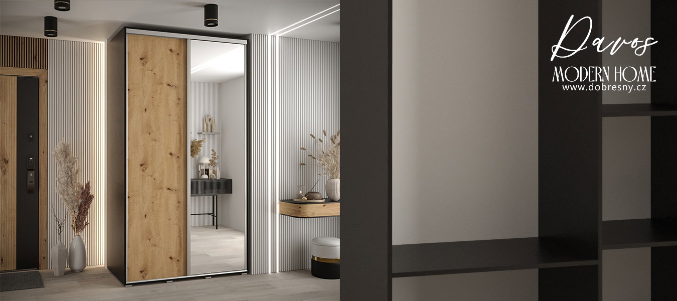 Šatníková skriňa s posuvnými dverami a zrkadlom DAVOS 140cm | Čierna / DUB Artisan / strieborné