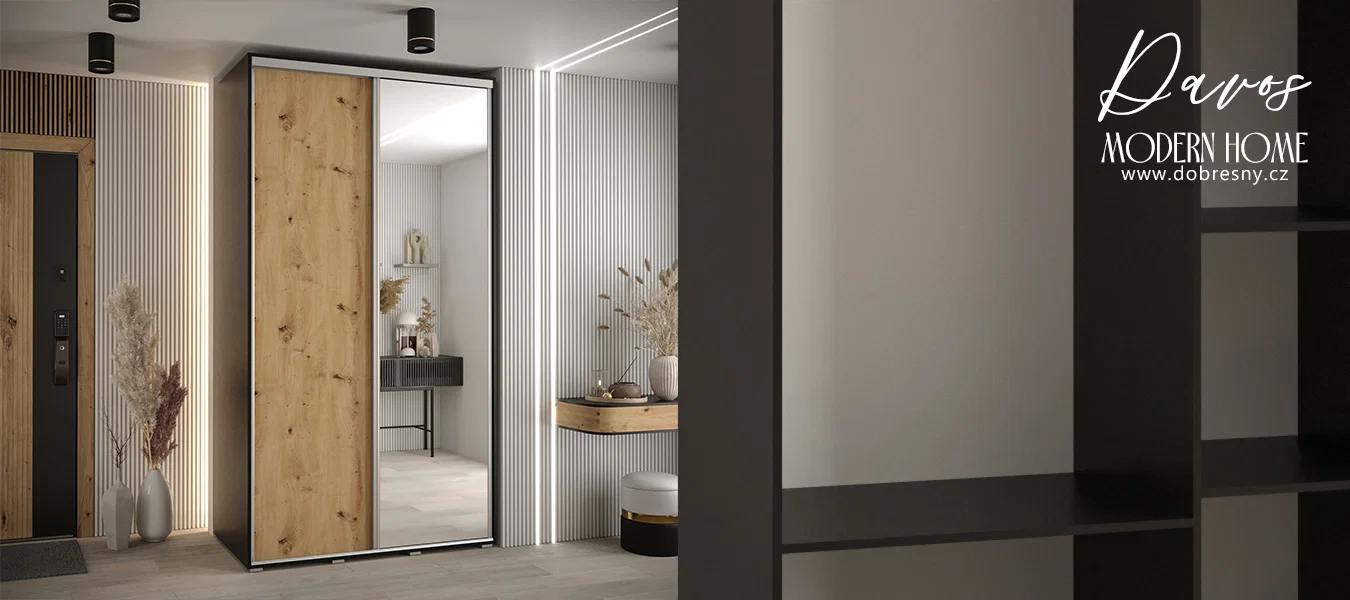 Šatní skříň s posuvnými dveřmi a zrcadlem DAVOS 140cm | Černá / DUB Artisan / stříbrné