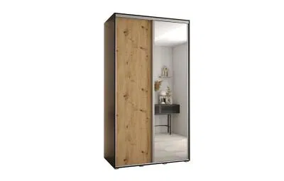 Šatní skříň s posuvnými dveřmi a zrcadlem DAVOS 140cm | Černá / DUB Artisan / stříbrné