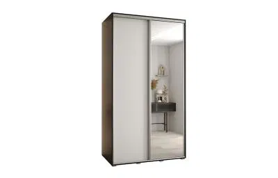 Šatní skříň s posuvnými dveřmi a zrcadlem DAVOS 140cm | Černá / bílá / stříbrné pojezdy