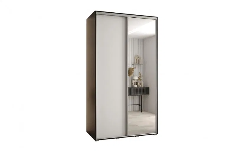 Šatní skříň s posuvnými dveřmi a zrcadlem DAVOS 140cm | Černá / bílá / stříbrné pojezdy