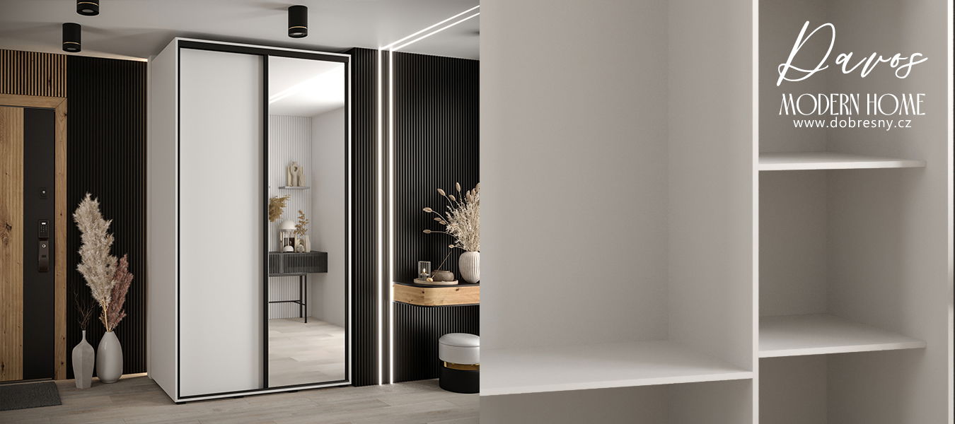 Šatníková skriňa s posuvnými dverami a zrkadlom DAVOS 140 cm | Biela / čierne pojazdy