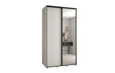 Šatní skříň s posuvnými dveřmi a zrcadlem DAVOS 140 cm | Bílá / černé pojezdy