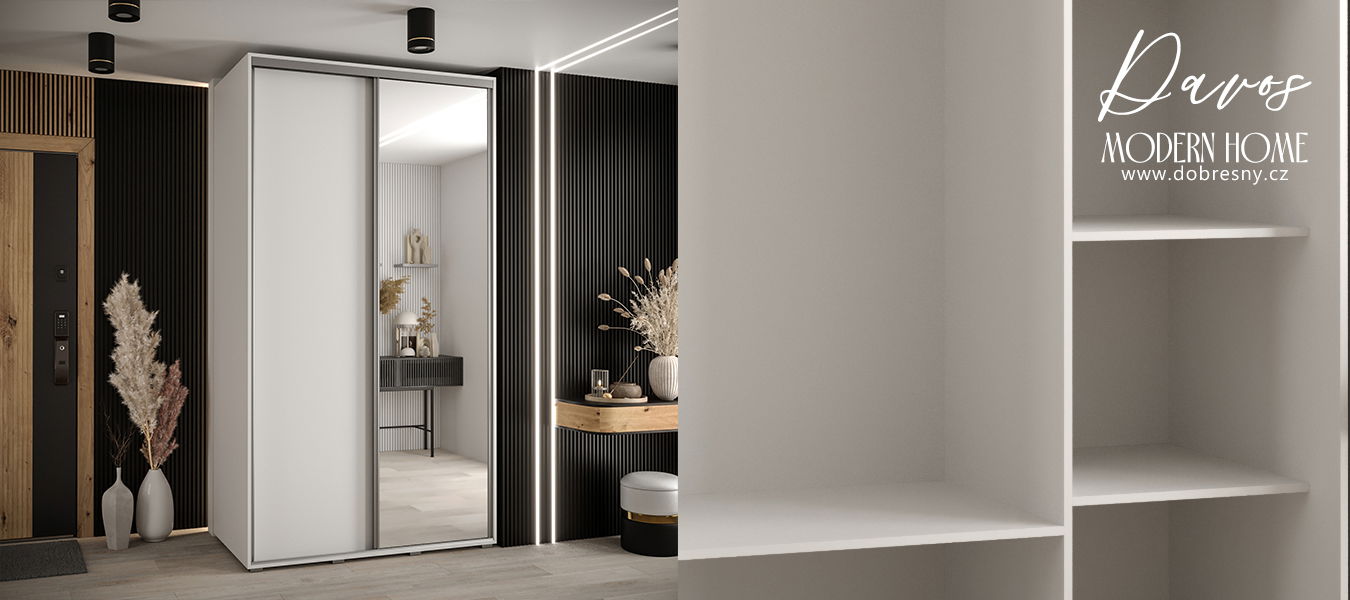 Šatníková skriňa s posuvnými dverami a zrkadlom DAVOS 140 cm | Biela / strieborné pojazdy