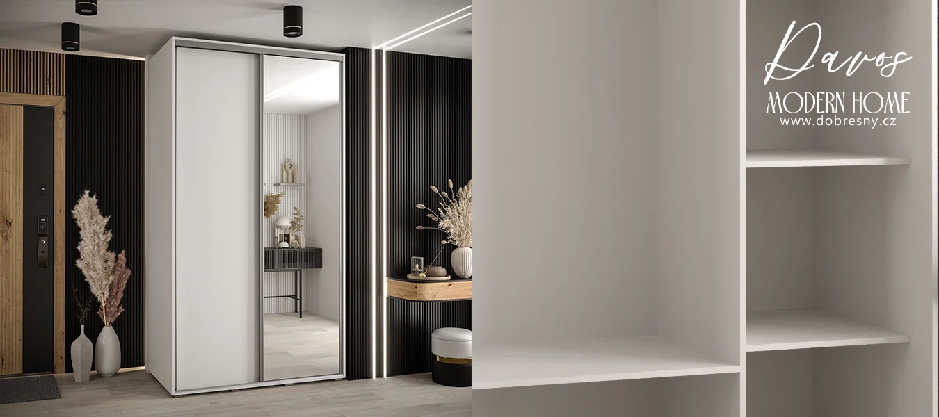 Šatní skříň s posuvnými dveřmi a zrcadlem DAVOS 140 cm | Bílá / stříbrné pojezdy