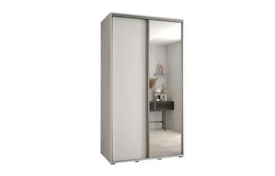 Šatní skříň s posuvnými dveřmi a zrcadlem DAVOS 140 cm | Bílá / stříbrné pojezdy