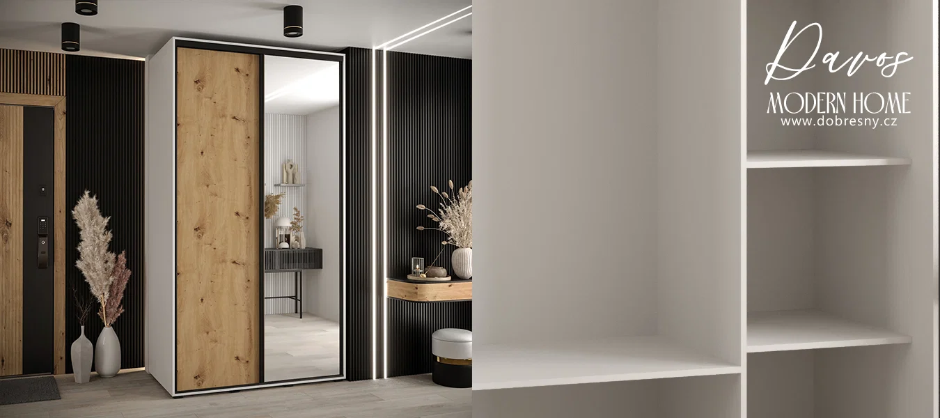 Šatní skříň s posuvnými dveřmi a zrcadlem DAVOS 140cm | Bílá / DUB Artisan / černé pojezdy