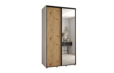 Šatní skříň s posuvnými dveřmi a zrcadlem DAVOS 140cm | Bílá / DUB Artisan / černé pojezdy
