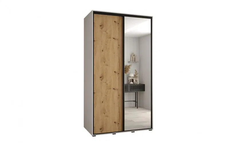 Šatní skříň s posuvnými dveřmi a zrcadlem DAVOS 140cm | Bílá / DUB Artisan / černé pojezdy