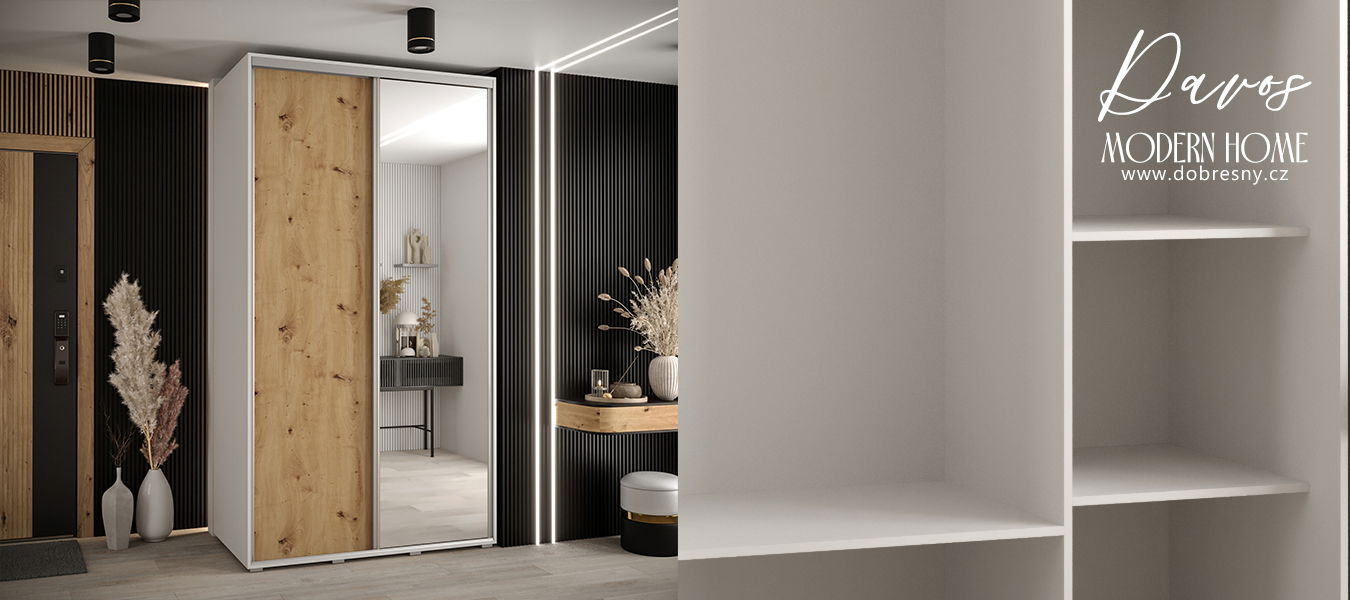 Šatníková skriňa s posuvnými dverami a zrkadlom DAVOS 140cm | Biela / DUB Artisan / strieborné