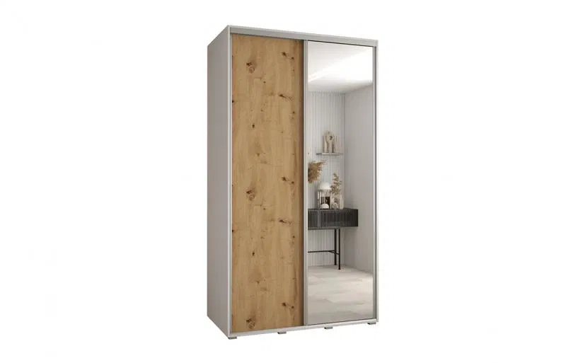 Šatní skříň s posuvnými dveřmi a zrcadlem DAVOS 140cm | Bílá / DUB Artisan / stříbrné
