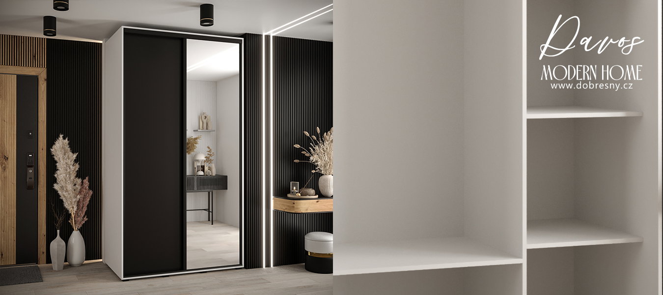 Šatníková skriňa s posuvnými dverami a zrkadlom DAVOS 140cm | Biela / čierna / čierne pojazdy