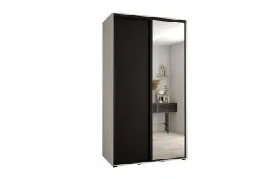 Šatní skříň s posuvnými dveřmi a zrcadlem DAVOS 140cm | Bílá / černá / černé pojezdy