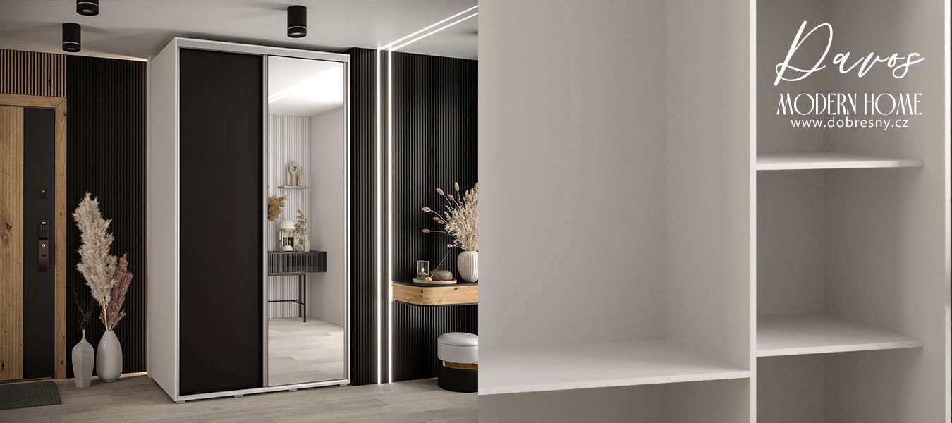 Šatníková skriňa s posuvnými dverami a zrkadlom DAVOS 140cm | Biela / čierna / strieborné pojazdy