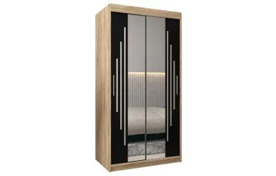 Šatní skříň s posuvnými dveřmi a dvoudílným zrcadlem YORK1 - 100x200cm -Dub Sonoma-Černá-