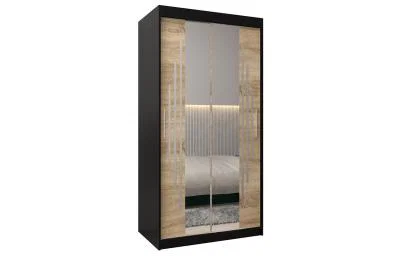 Šatní skříň s posuvnými dveřmi a dvoudílným zrcadlem YORK1 - 100x200cm -Černá-Dub Sonoma-