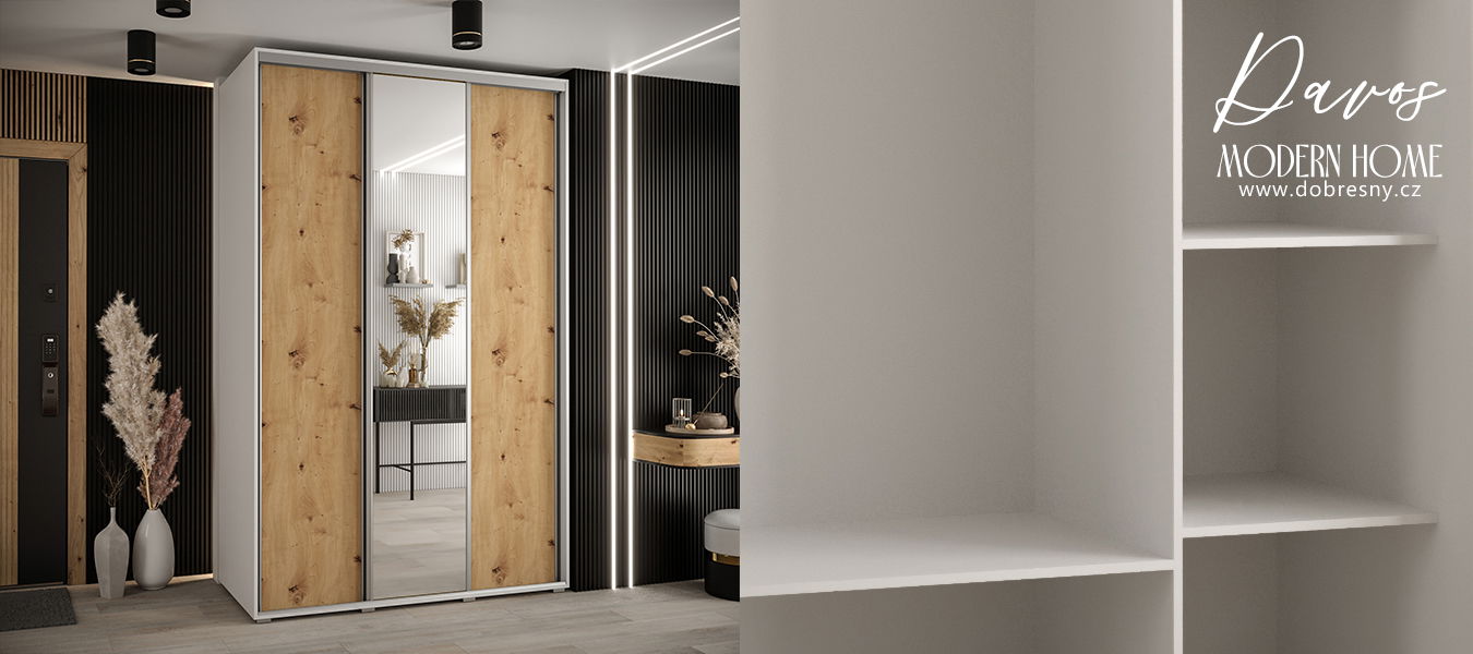 Šatníková skriňa s posuvnými dverami a zrkadlom DAVOS 150 cm | Biela / DUB Artisan / strieborné