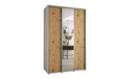 Šatní skříň s posuvnými dveřmi a zrcadlem DAVOS 150 cm | Bílá / DUB Artisan / stříbrné