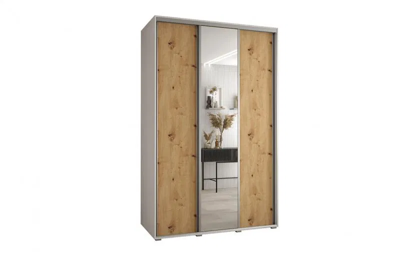 Šatní skříň s posuvnými dveřmi a zrcadlem DAVOS 150 cm | Bílá / DUB Artisan / stříbrné