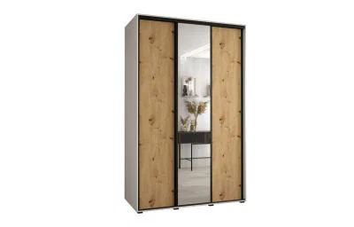 Šatní skříň s posuvnými dveřmi a zrcadlem DAVOS 150cm | Bílá / DUB Artisan / černé pojezdy
