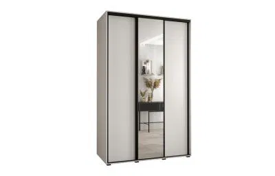 Šatní skříň s posuvnými dveřmi a zrcadlem DAVOS 150cm | Bílá / černé pojezdy