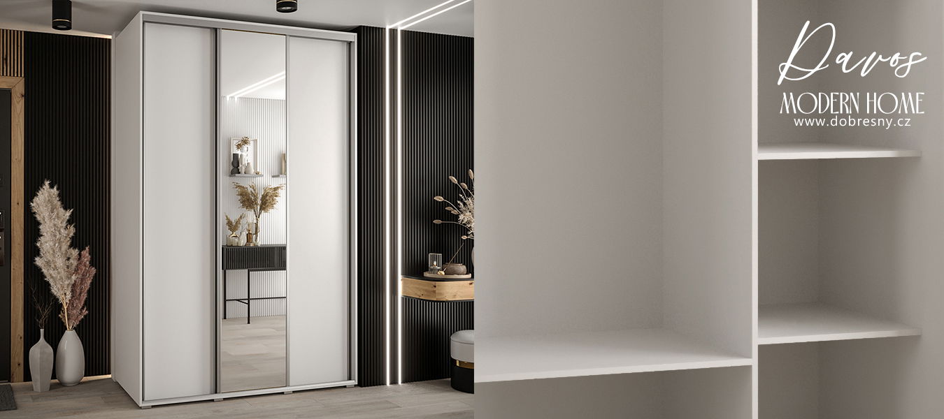 Šatníková skriňa s posuvnými dverami a zrkadlom DAVOS 150cm | Biela / strieborné pojazdy