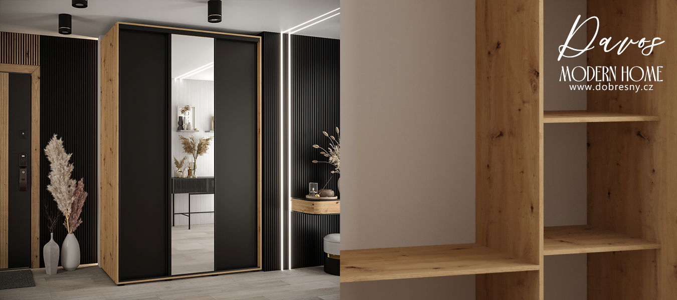 Šatníková skriňa s posuvnými dverami a zrkadlom DAVOS 150cm | DUB Artisan / čierna / čierne pojazdy