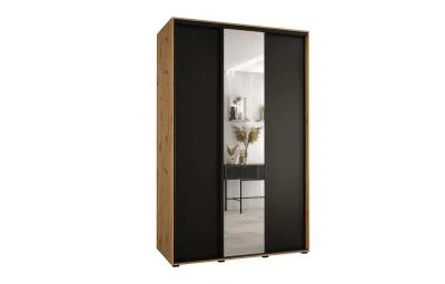 Šatní skříň s posuvnými dveřmi a zrcadlem DAVOS 150cm |DUB Artisan / černá / černé pojezdy