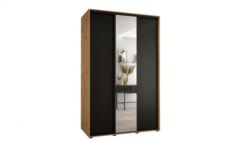 Šatní skříň s posuvnými dveřmi a zrcadlem DAVOS 150cm |DUB Artisan / černá / černé pojezdy
