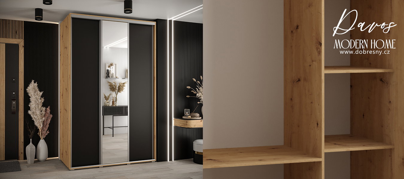 Šatníková skriňa s posuvnými dverami a zrkadlom DAVOS 150cm | DUB Artisan / čierna / strieborné