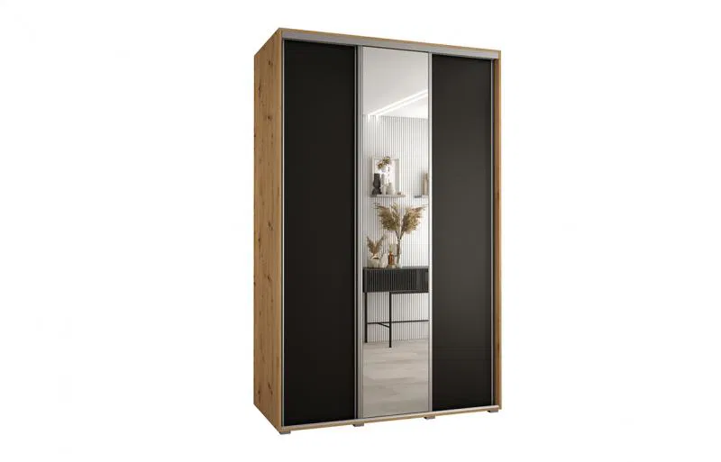 Šatní skříň s posuvnými dveřmi a zrcadlem DAVOS 150cm | DUB Artisan / černá / stříbrné