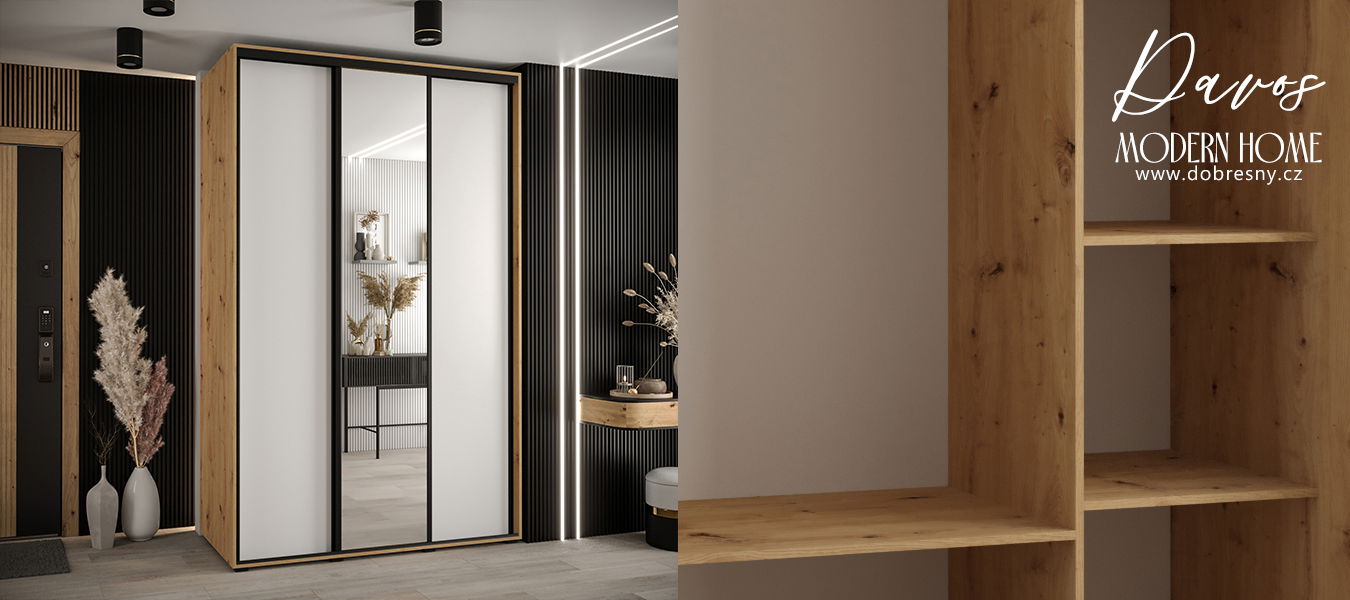 Šatníková skriňa s posuvnými dverami a zrkadlom DAVOS 150cm | DUB Artisan / biela / čierne pojazdy