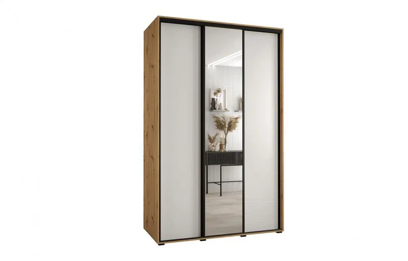Šatní skříň s posuvnými dveřmi a zrcadlem DAVOS 150cm | DUB Artisan / bílá / černé pojezdy