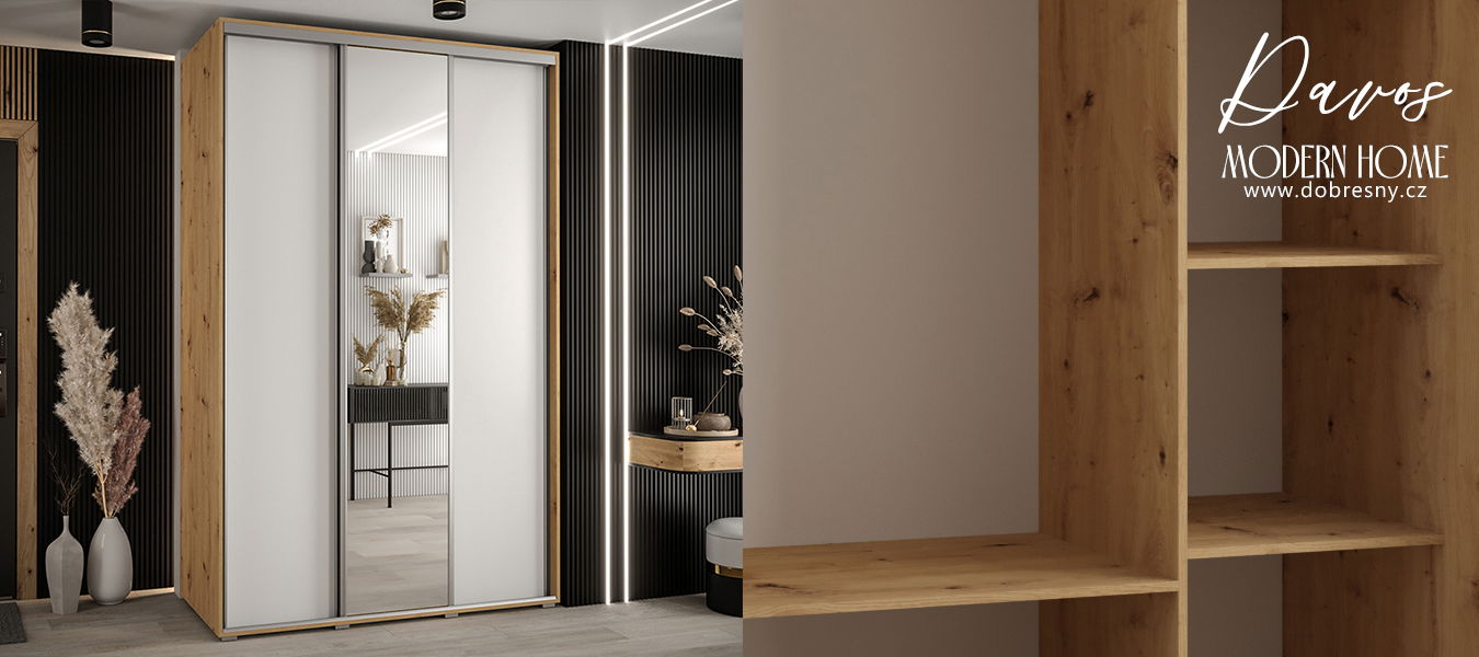 Šatníková skriňa s posuvnými dverami a zrkadlom DAVOS 150cm | DUB Artisan / biela / strieborné