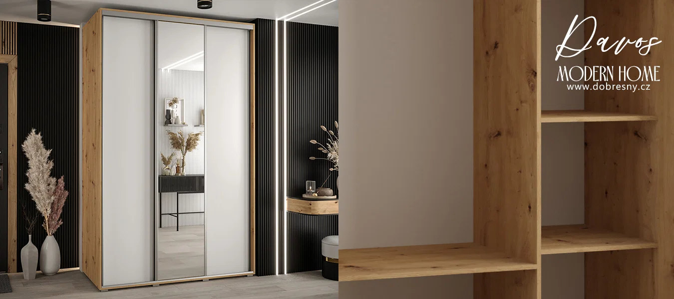 Šatní skříň s posuvnými dveřmi a zrcadlem DAVOS 150cm | DUB Artisan / bílá / stříbrné