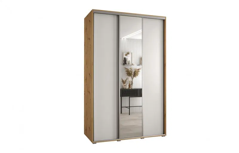 Šatní skříň s posuvnými dveřmi a zrcadlem DAVOS 150cm | DUB Artisan / bílá / stříbrné