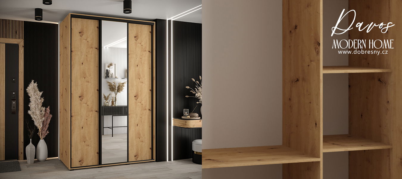 Šatníková skriňa s posuvnými dverami a zrkadlom DAVOS 150cm | DUB Artisan / čierne pojazdy