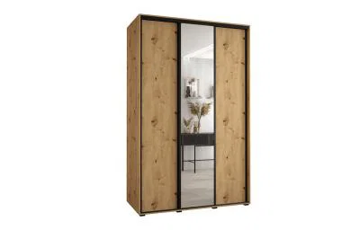 Šatní skříň s posuvnými dveřmi a zrcadlem DAVOS 150cm | DUB Artisan / černé pojezdy