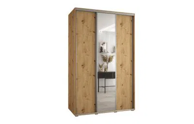 Šatní skříň s posuvnými dveřmi a zrcadlem DAVOS 150cm | DUB Artisan / stříbrné pojezdy