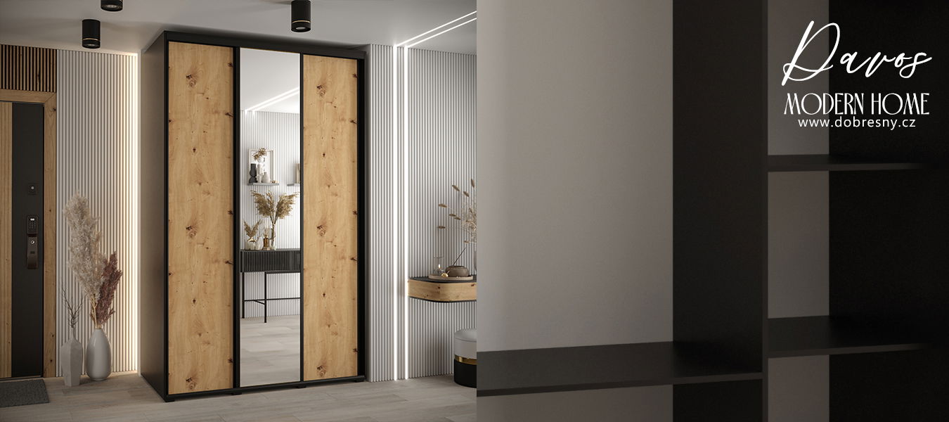 Šatníková skriňa s posuvnými dverami a zrkadlom DAVOS 150cm | Čierna / DUB Artisan / čierne pojazd